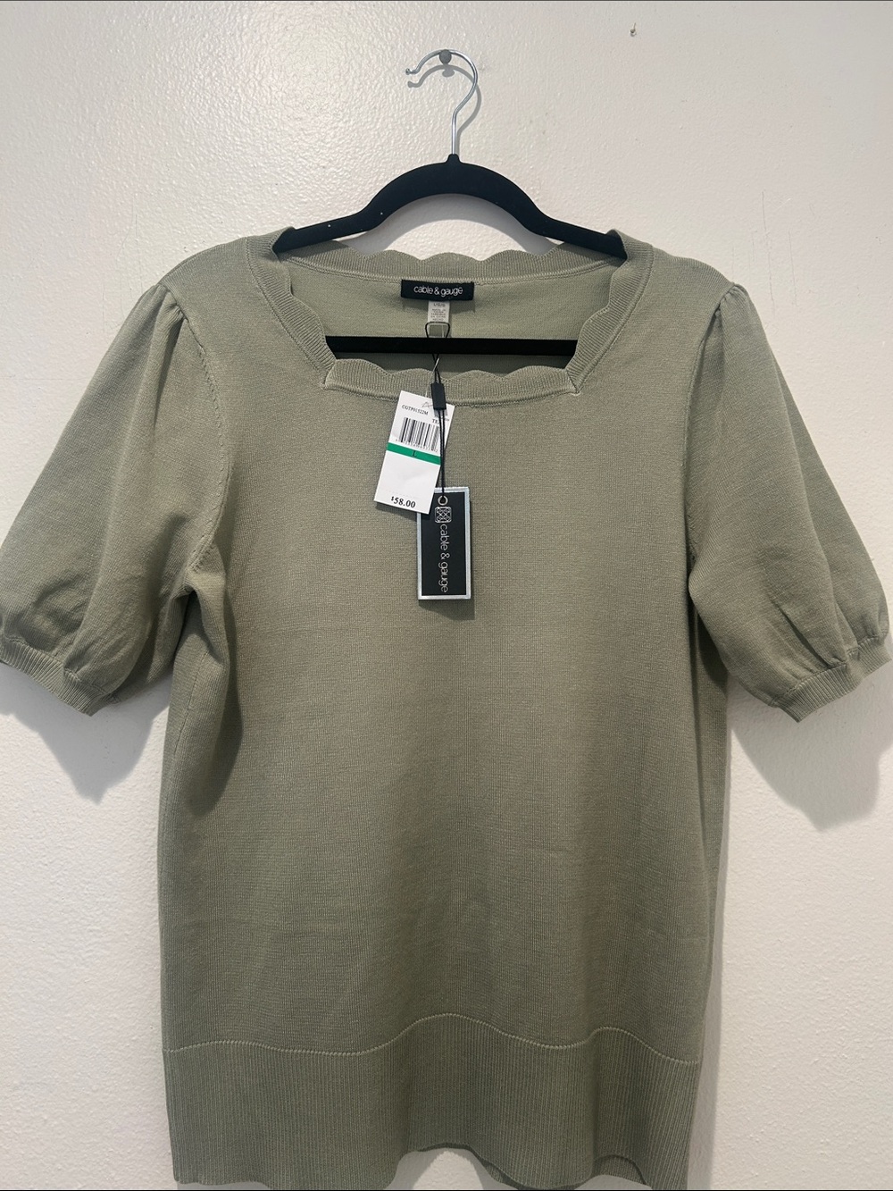 Cable $ Gauge Sage Green Puff-Sleeve Knit Top